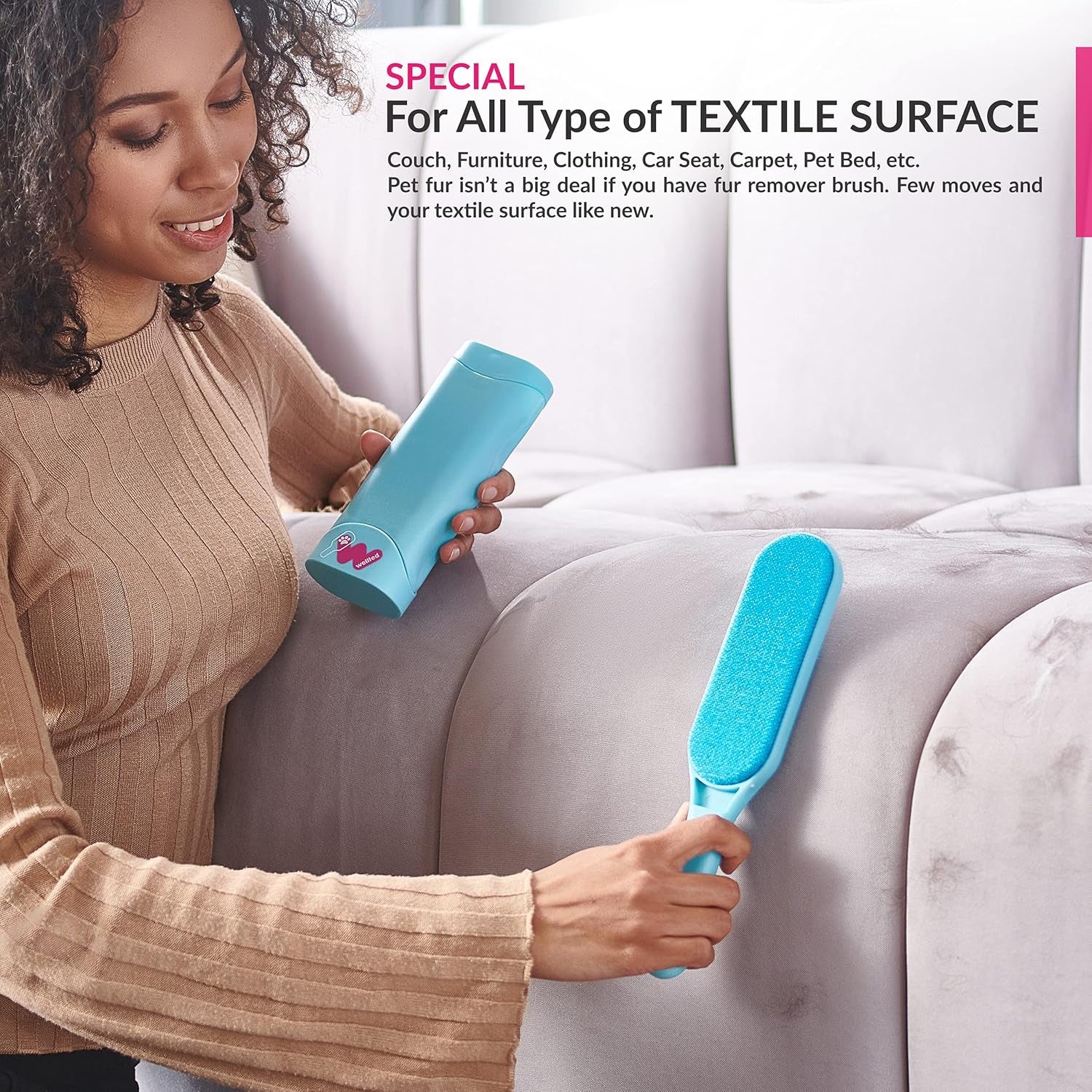 Pet Hair Remover for Couch Furniture Clothing Car Seat Carpet Pet Bed Fur Lint Brush Fur Remover Fur Lint Removal Dog Hair Remover Cat Hair Remover Double-Sided Brush Self-Cleaning Base (New Blue)